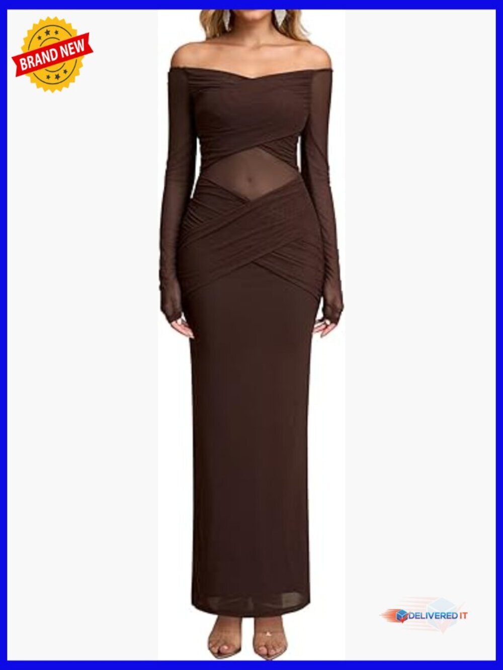 Long Sleeve Off Shoulder Bodycon Maxi Dress Formal Mesh Ruched Wedding Guest